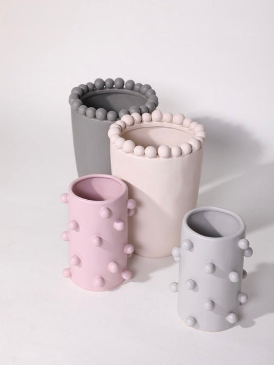 Handmade Morandi-color Pomponette Vase, Dotted Cylinder Centrepiece