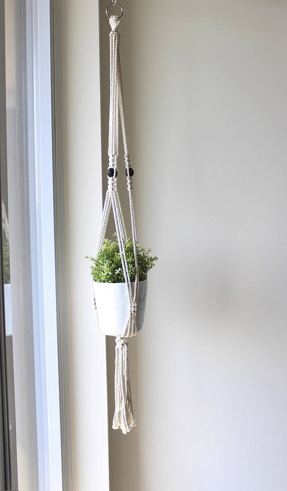 Macrame Plant Hanger, Wood Bead Macrame Pot