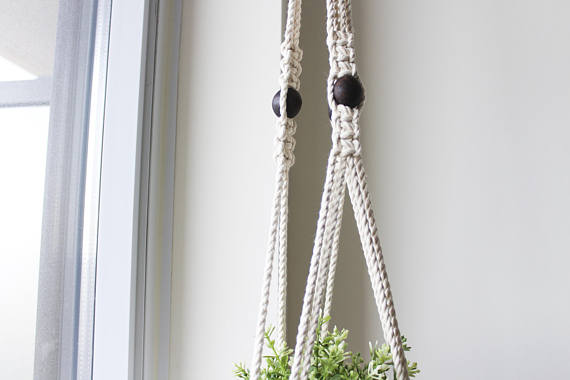 Macrame Plant Hanger, Wood Bead Macrame Pot
