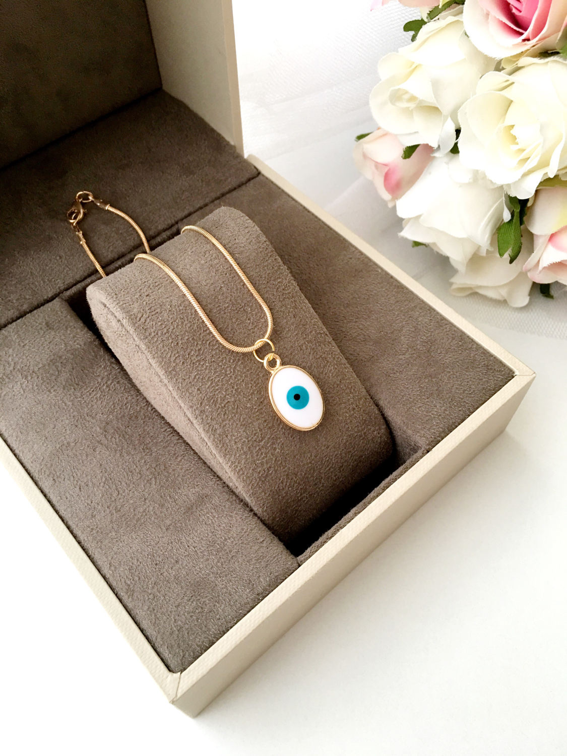 Tiny evil eye necklace, evil eye jewelry, 22K gold plated necklace,