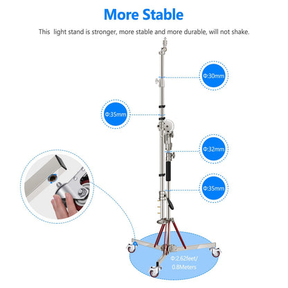Heavy Duty Light Stand with Casters and Pro Boom Arm,  Stainless Steel